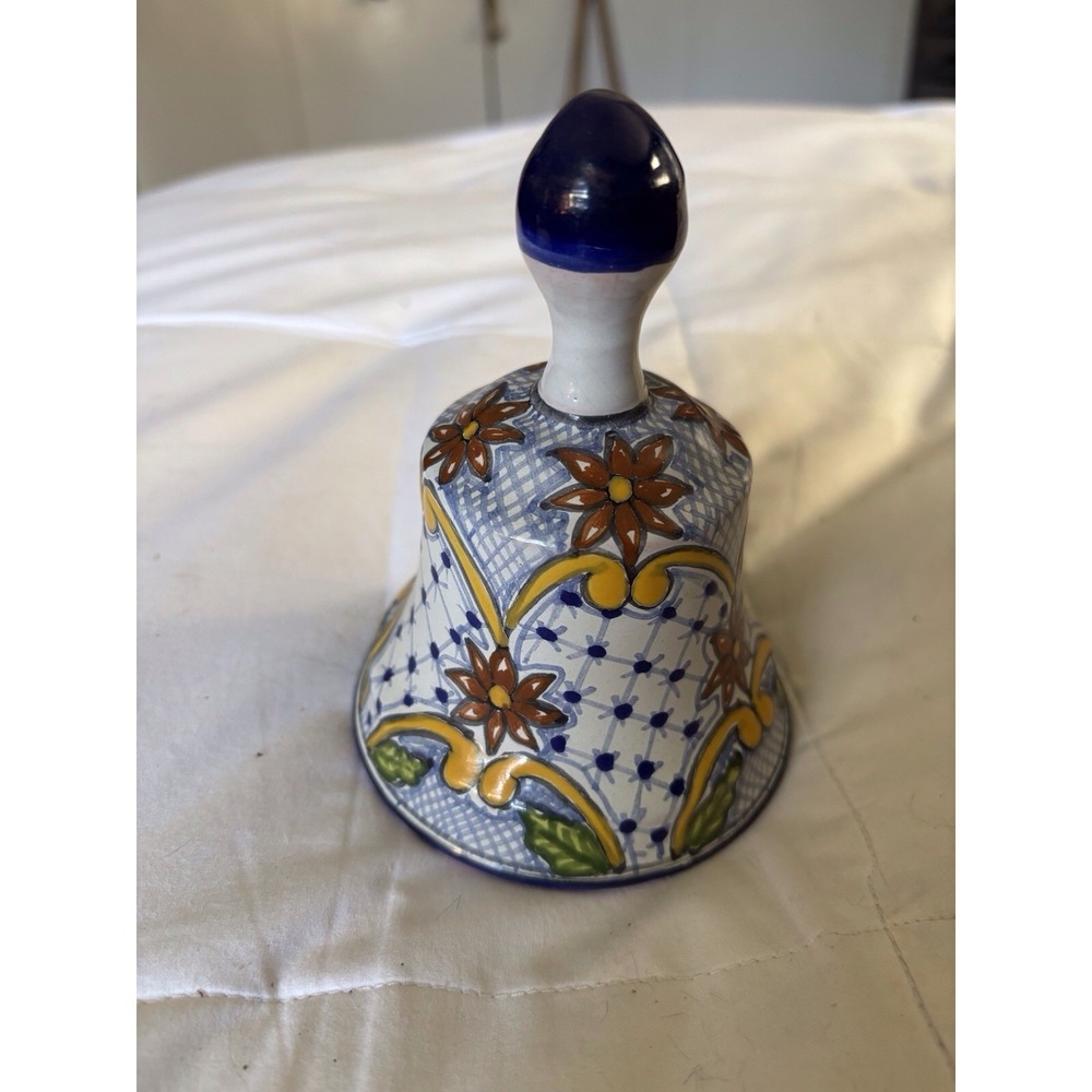 Talavera Hand Painted Bell Signed Ansar Pueblo Mexico Folk Art